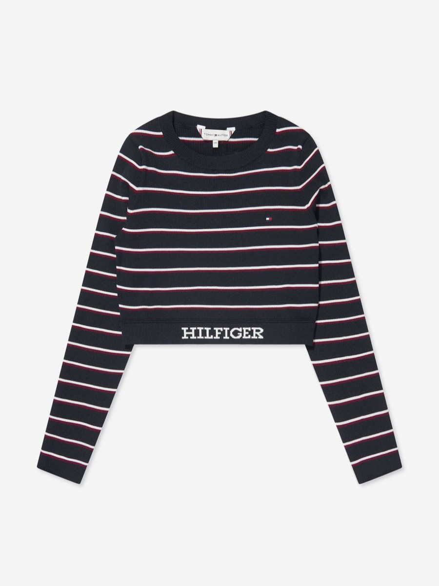 Teen Tommy Hilfiger Sweatshirts & Hoodies | Girls Global Stripe Cropped Sweater In Navy