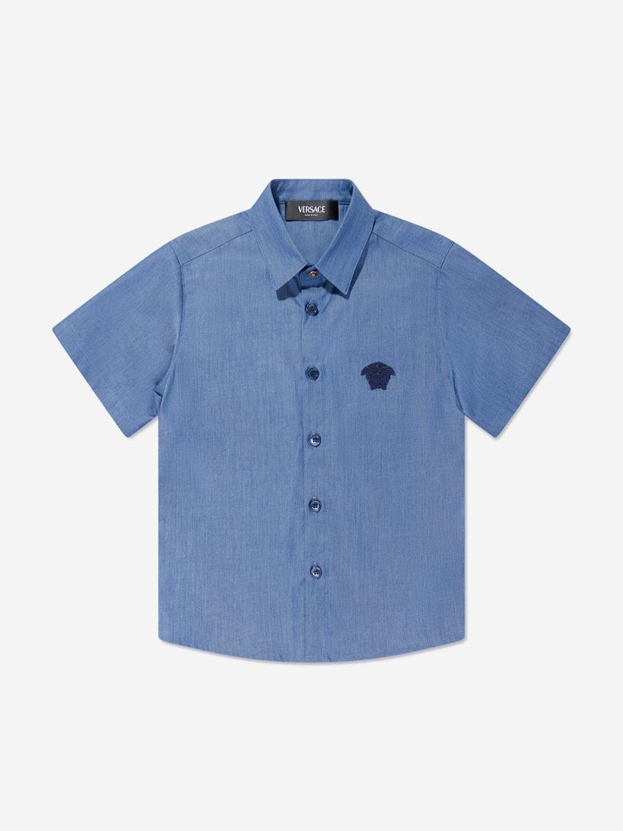 Teen Versace Shirts | Boys Short Sleeve Chambray Shirt In Blue