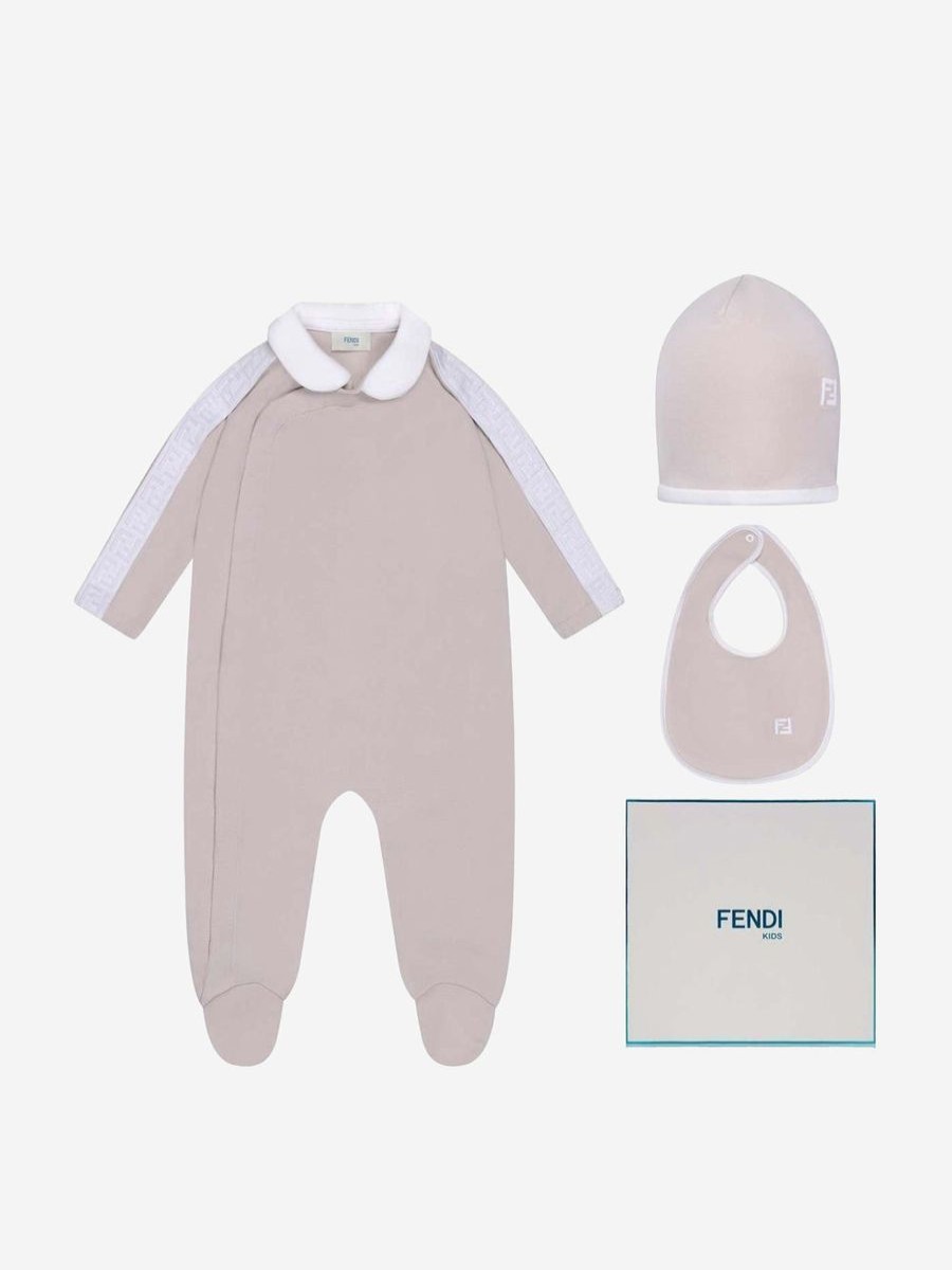 Baby Fendi Kids Babygrows & Rompers | Fendi Kids - Baby Babygrow Gift Set (3 Piece) In Beige | Childsplay Clothing