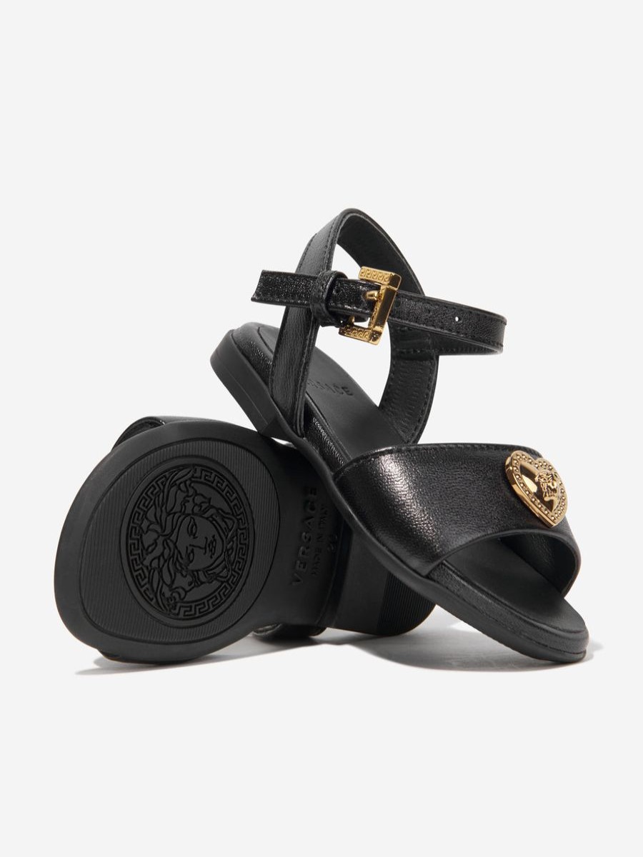 Girls Versace Sneakers | Girls Leather Logo Sandals In Black