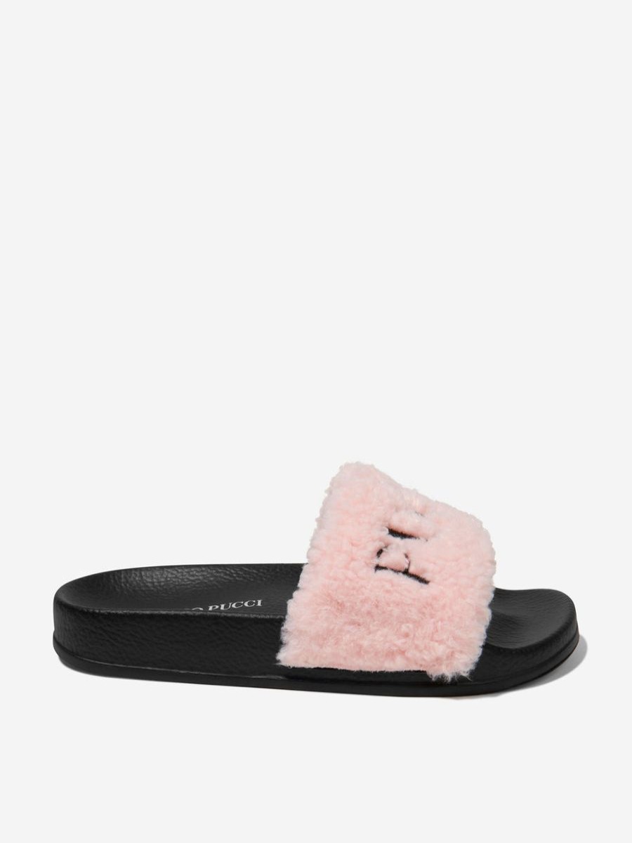 Teen Emilio Pucci Footwear | Emilio Pucci - Girls Fluffy Logo Sliders | Childsplay Clothing