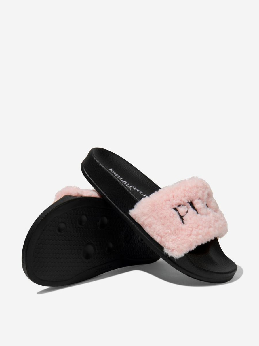 Teen Emilio Pucci Footwear | Emilio Pucci - Girls Fluffy Logo Sliders | Childsplay Clothing