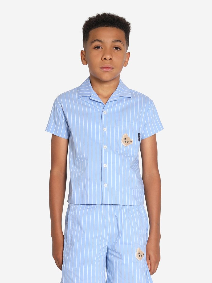 Teen Palm Angels Shirts | Boys Mini Bear Striped Bowling Shirt In Blue