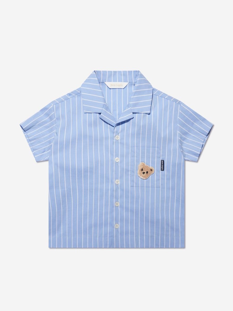 Teen Palm Angels Shirts | Boys Mini Bear Striped Bowling Shirt In Blue