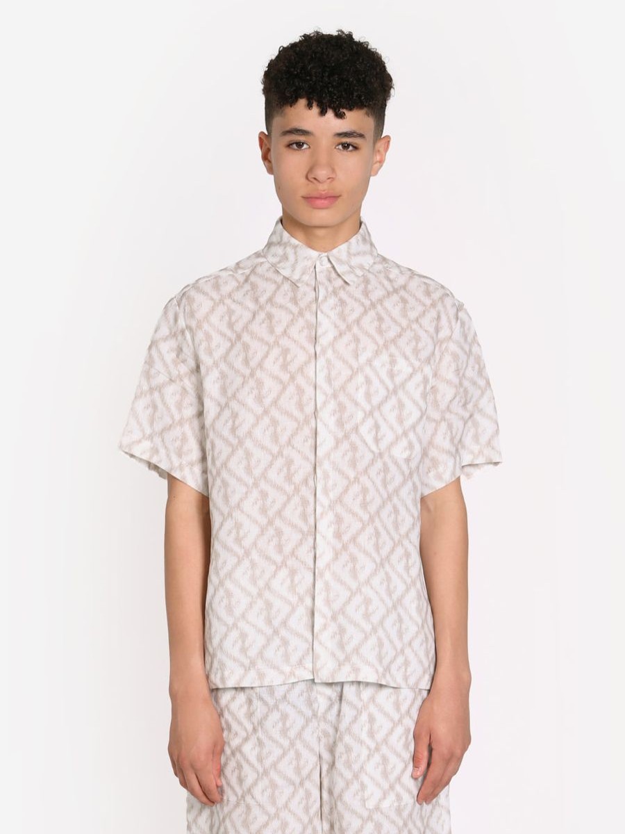 Teen Fendi Kids Shirts | Boys Short Sleeve Linen Logo Shirt In Ivory