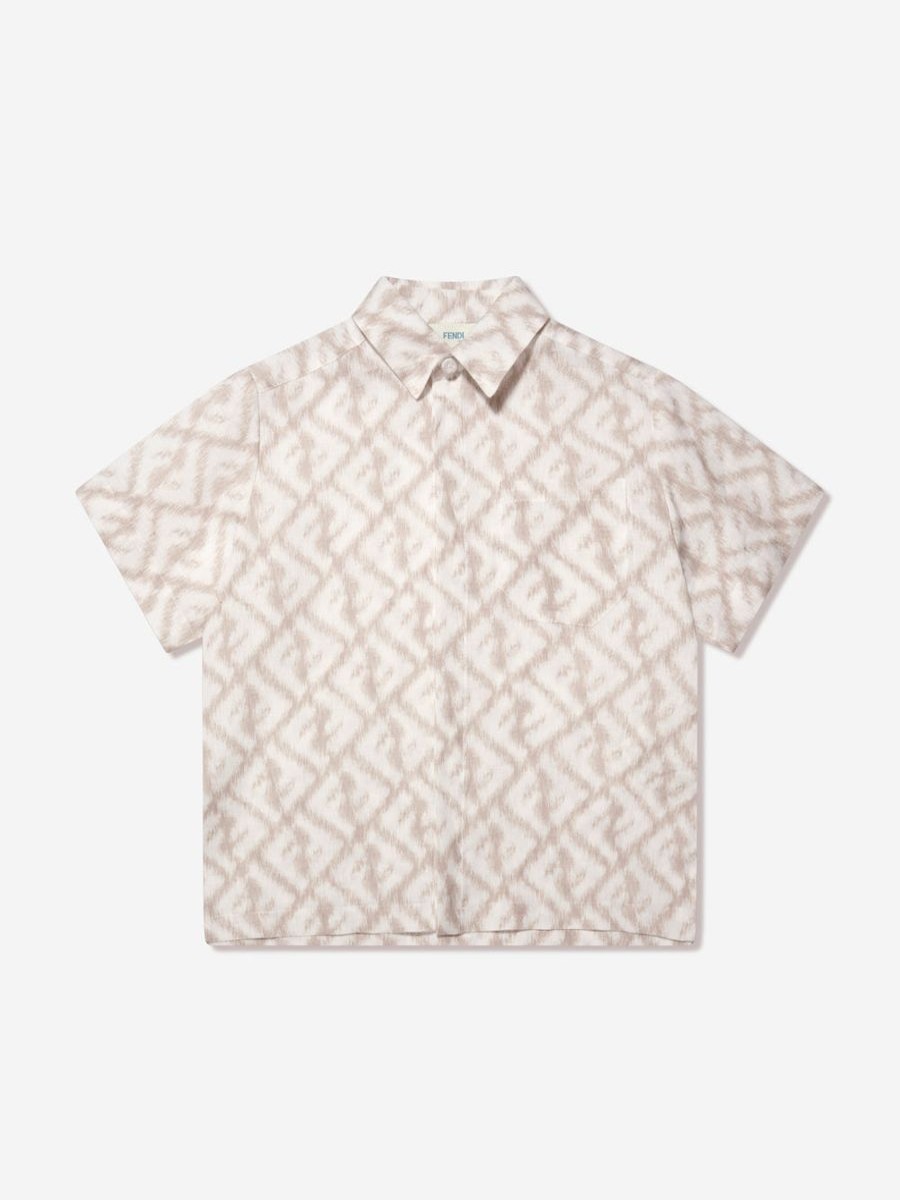 Teen Fendi Kids Shirts | Boys Short Sleeve Linen Logo Shirt In Ivory