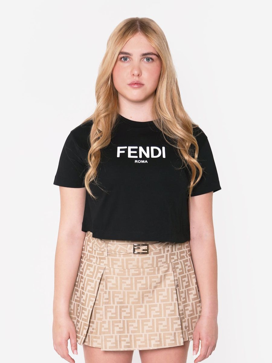 Teen Fendi Kids Shorts | Fendi Kids - Girls Cropped Logo T-Shirt In Black | Childsplay Clothing