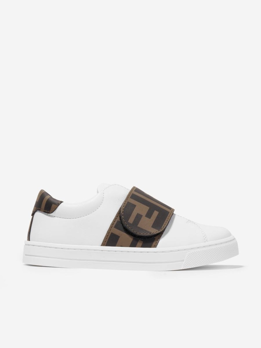 Teen Fendi Kids Footwear | Fendi Kids - Kids Leather Ff Logo Strap Trainers In White | Childsplay Clothing