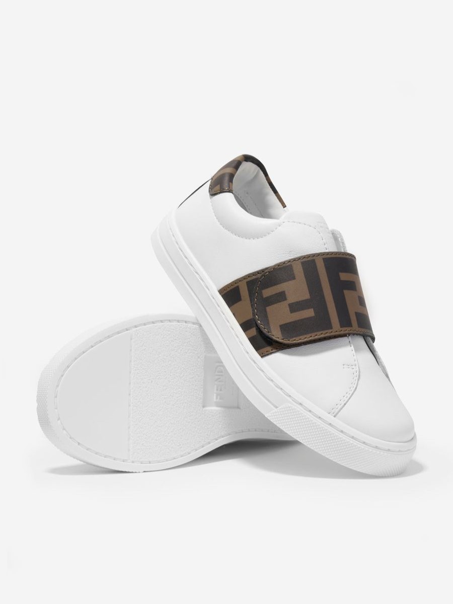 Teen Fendi Kids Footwear | Fendi Kids - Kids Leather Ff Logo Strap Trainers In White | Childsplay Clothing