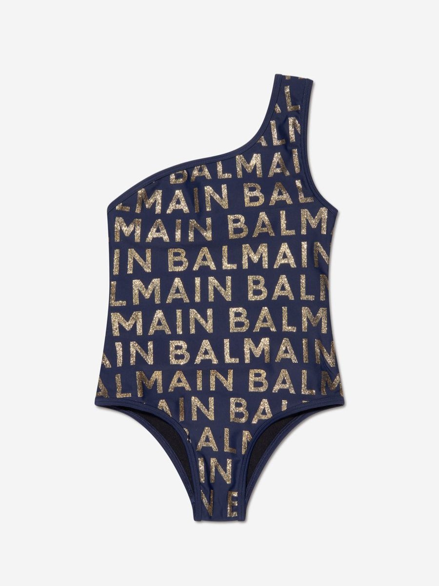 Teen Balmain Swimwear | Girls One Shoulder Logo Swimsuit In Navy