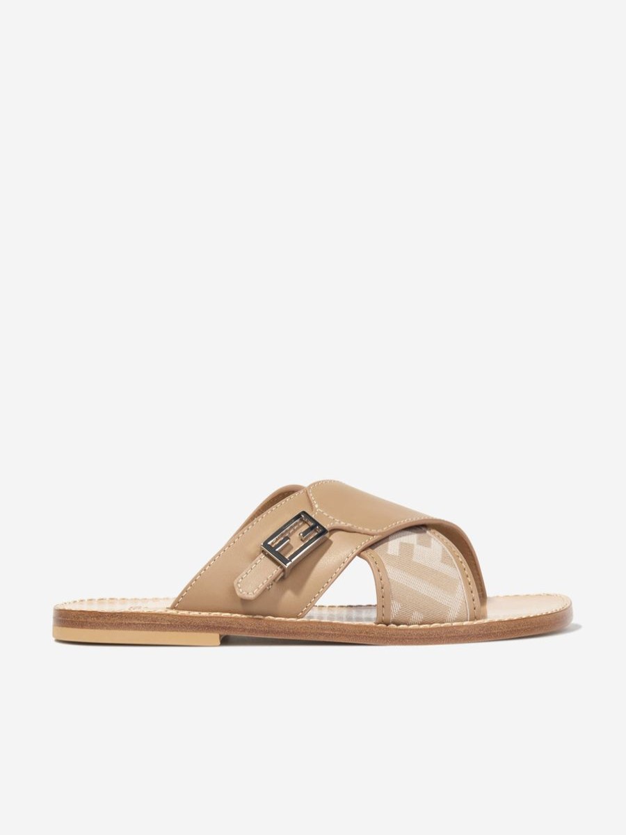 Teen Fendi Kids Footwear | Girls Leather Ff Logo Sandals In Beige