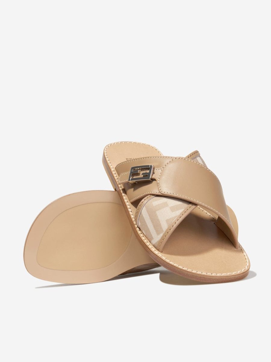 Teen Fendi Kids Footwear | Girls Leather Ff Logo Sandals In Beige