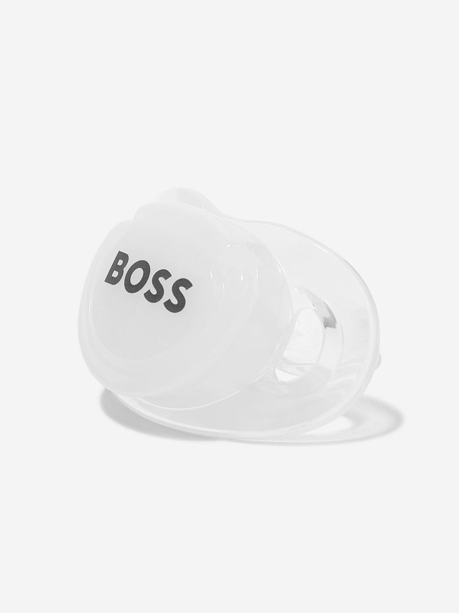 Baby BOSS Bottles, Dummies & Bibs | Boss - Baby Logo Print Pacifier In White | Childsplay Clothing