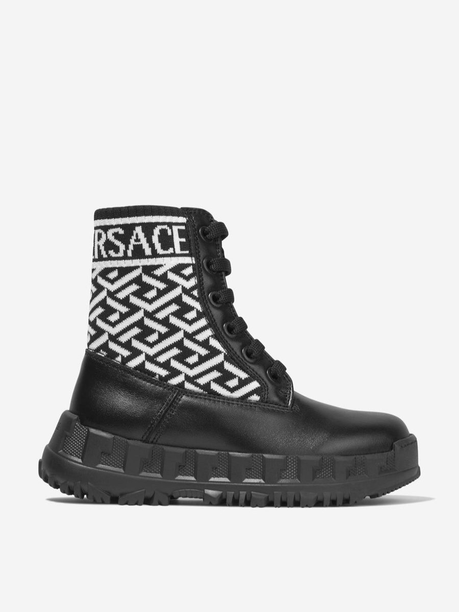 Girls Versace Boots | Girls Leather La Greca Lace Up Boots