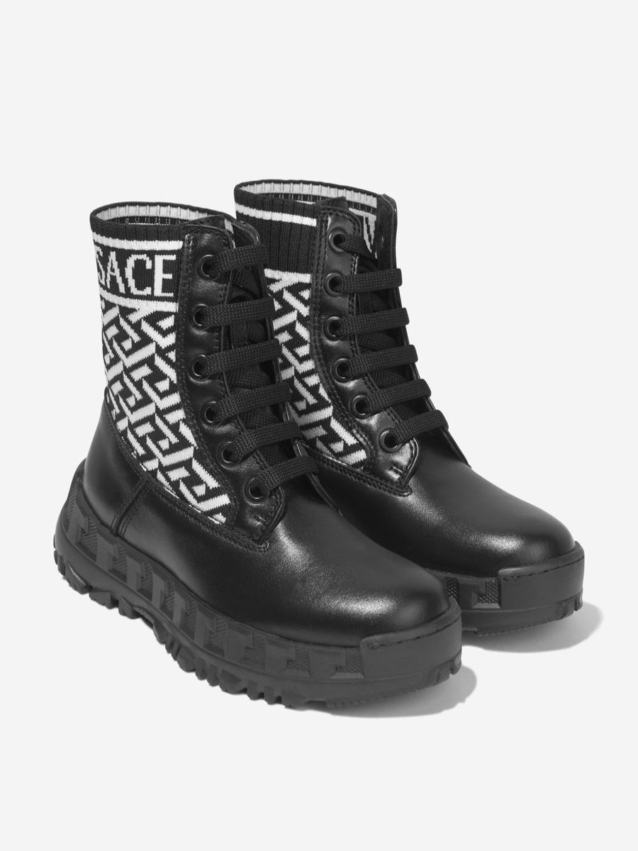 Girls Versace Boots | Girls Leather La Greca Lace Up Boots