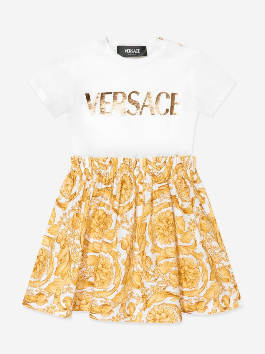 Baby Versace Dresses | Baby Girls Barocco Logo Jersey Dress In Gold