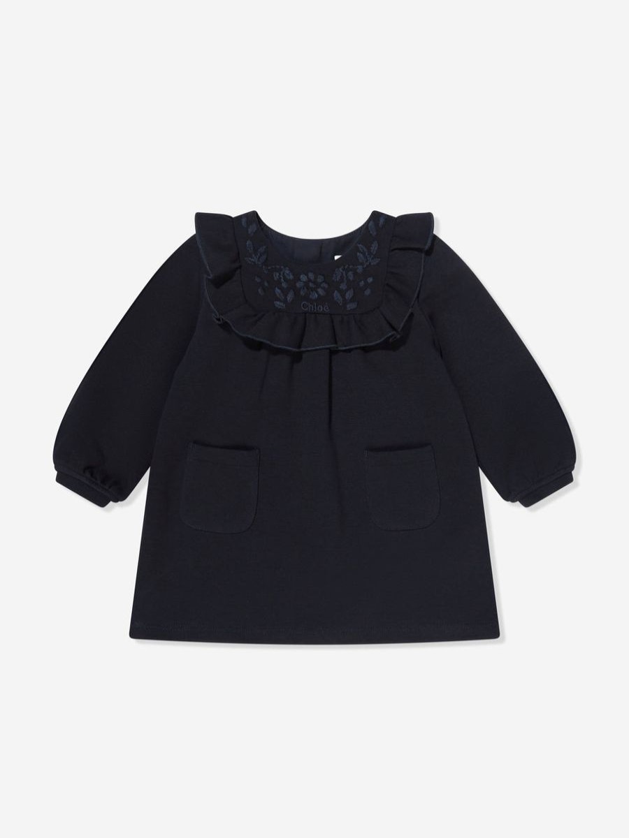 Baby Chloé Dresses | Baby Girls Ruffle Trim Dress In Navy