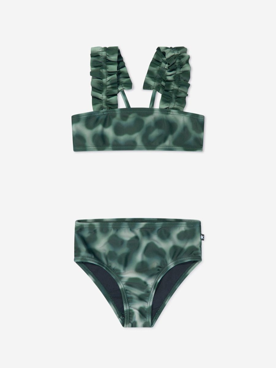 Teen Molo Swimwear | Girls Leopard Print Ruffle Bikini In Green