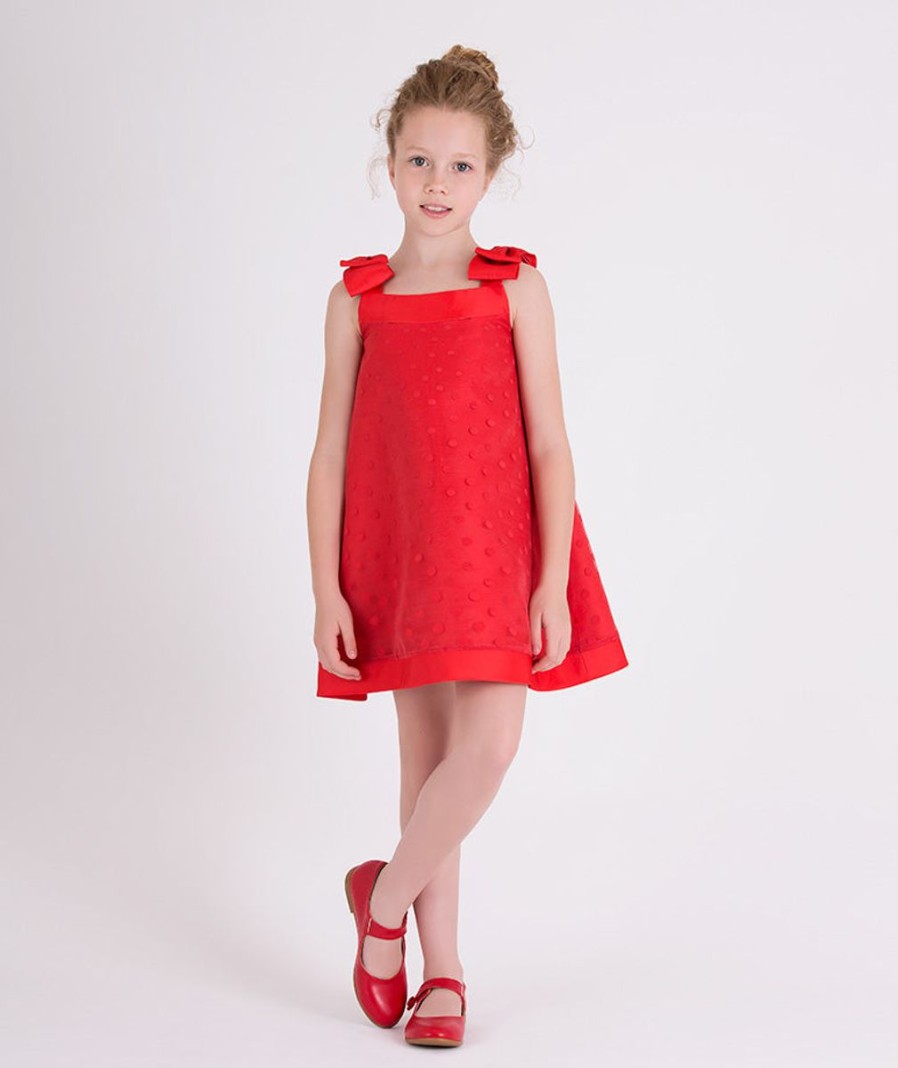 Teen Mama Luma Dresses | Girls Bow Detailed Organza Polka Dot Dress In Red