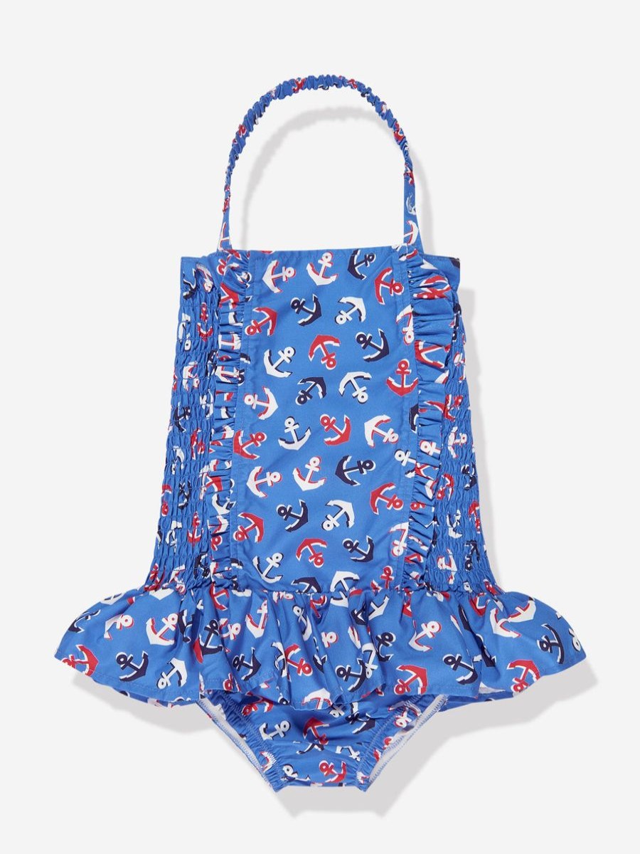 Girls Rachel Riley Swimwear | Girls Anchor Ruched Swimsuit In Blue