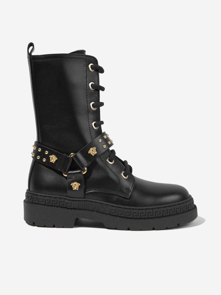 Girls Versace Boots | Girls Leather Biker Boots In Black