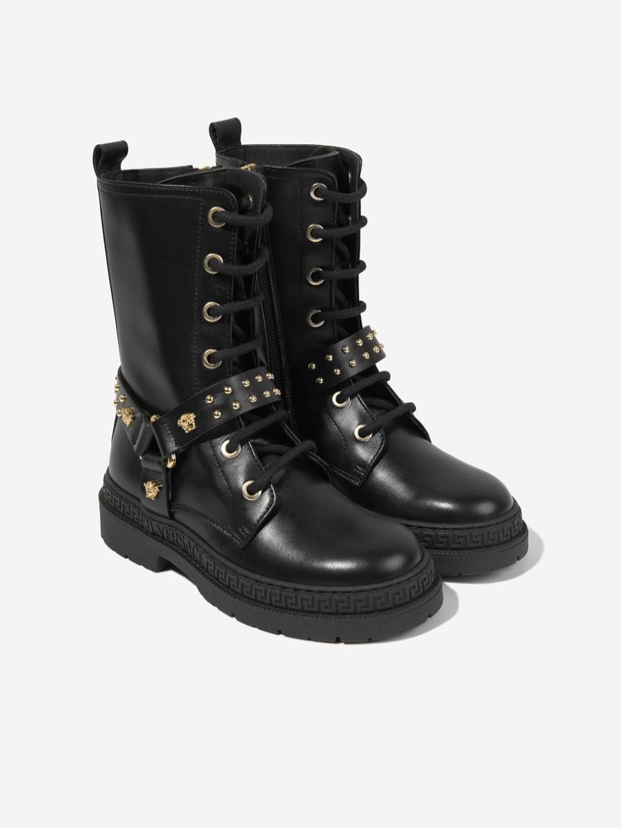 Girls Versace Boots | Girls Leather Biker Boots In Black