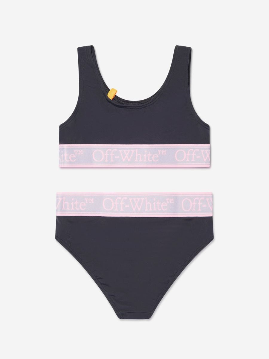 Teen Off-White Swimwear | Girls Bookish Logo Band Bikini In Black