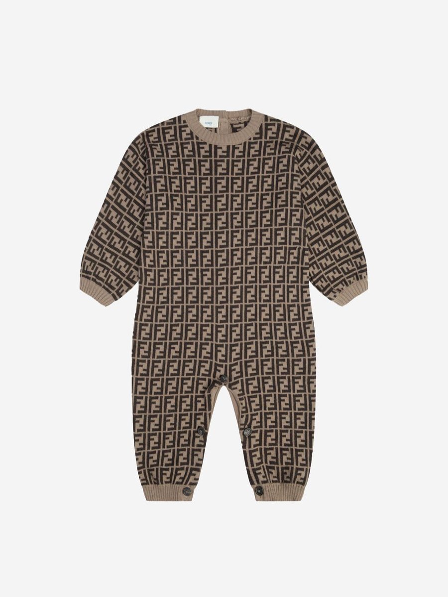 Baby Fendi Kids Babygrows & Rompers | Fendi Kids - Baby Cotton & Cashmere Romper In Brown | Childsplay Clothing