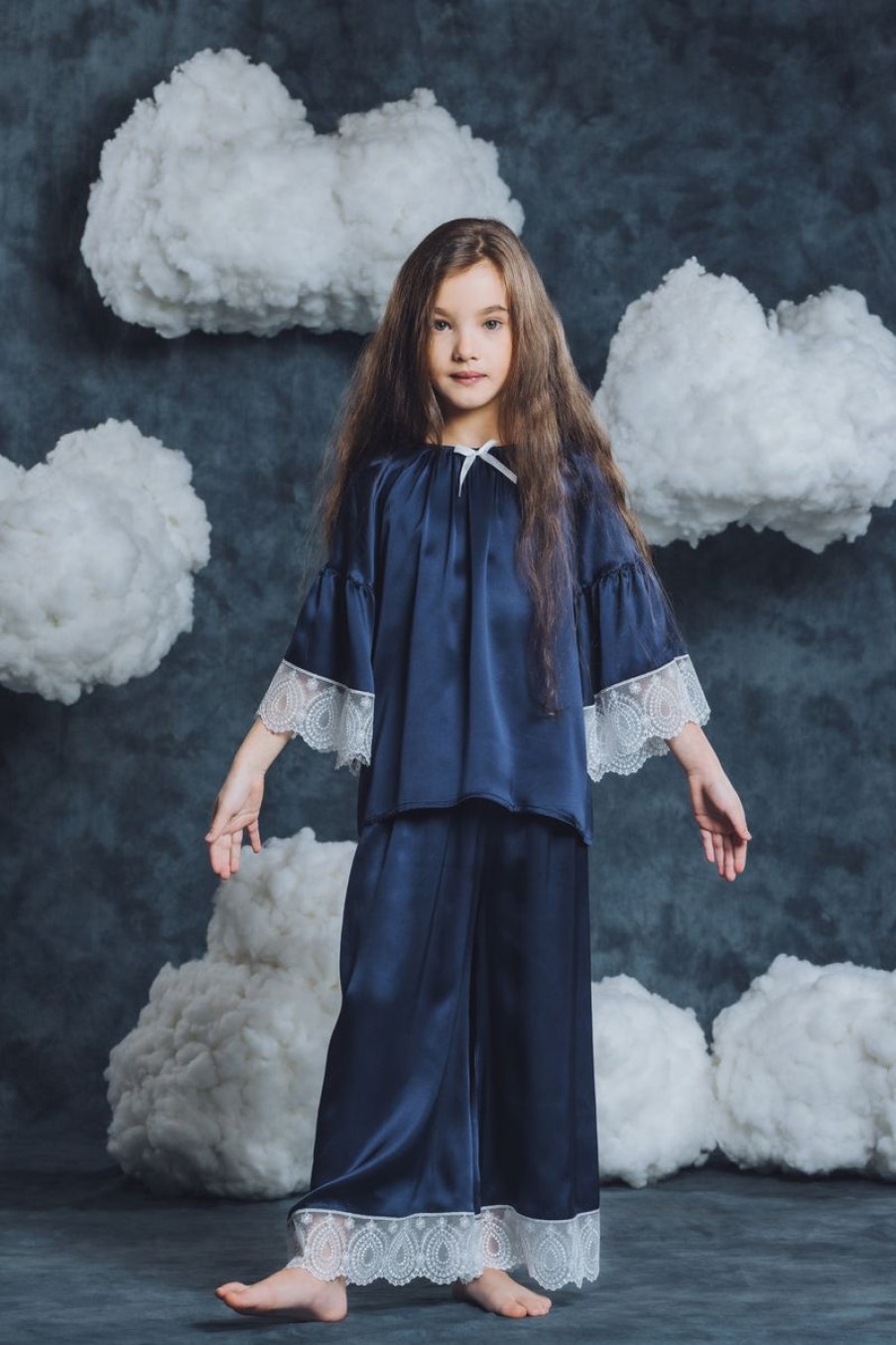 Girls Amiki Children Nightwear & Pyjamas | Girls Silk Adriana Pyjama Set In Navy