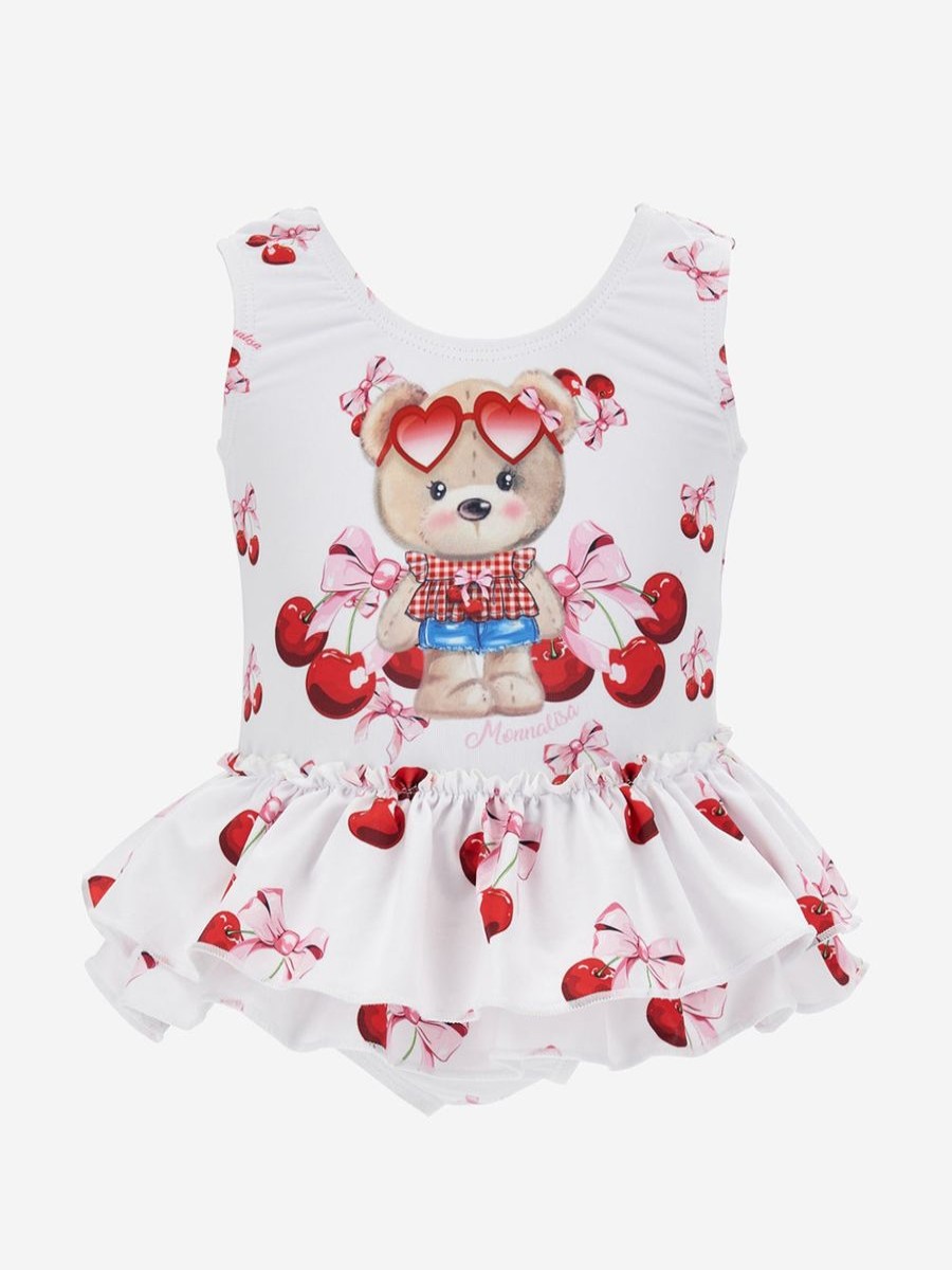 Baby Monnalisa Swimwear | Baby Girls Teddy Bear Swimsuit In White