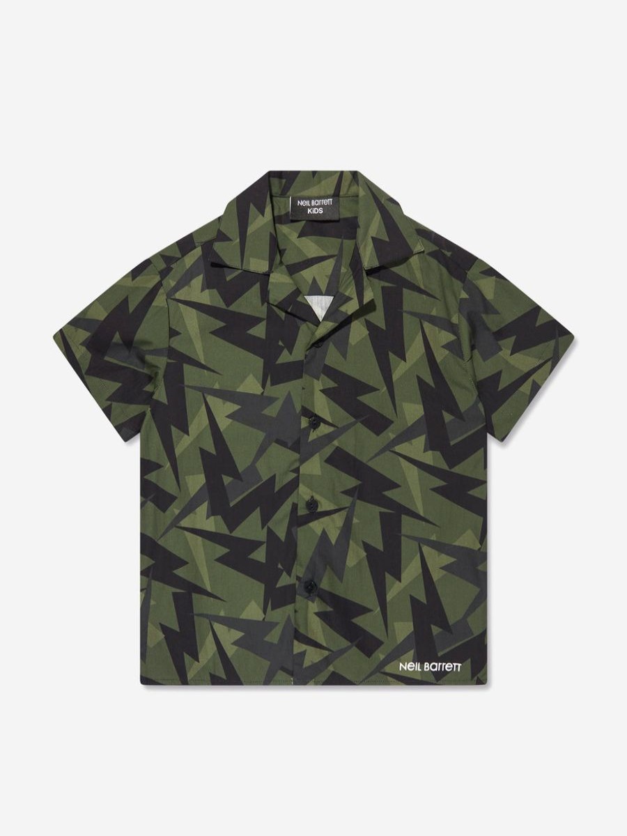 Teen Neil Barrett Shirts | Boys Thunderbolt Short Sleeve Shirt In Green