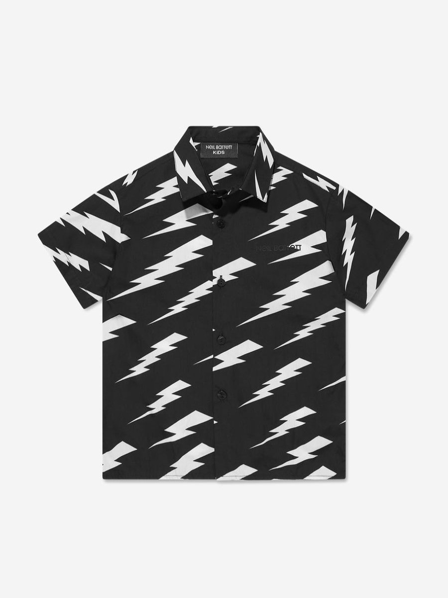 Teen Neil Barrett Shirts | Boys Thunderbolt Short Sleeve Shirt In Black