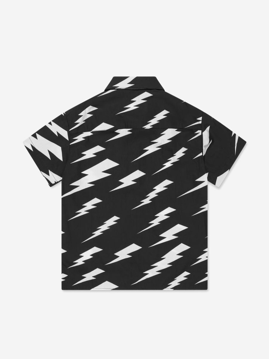 Teen Neil Barrett Shirts | Boys Thunderbolt Short Sleeve Shirt In Black