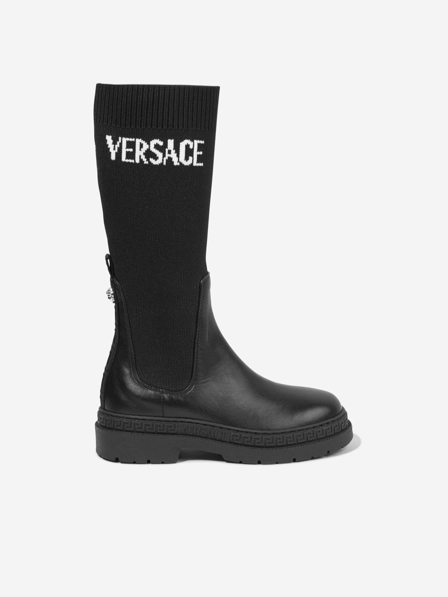 Girls Versace Boots | Girls Leather Logo Boots In Black