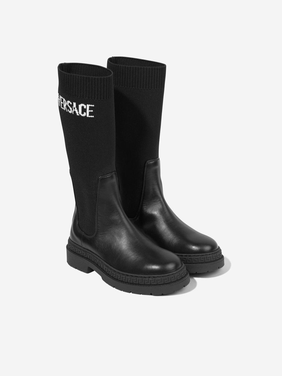 Girls Versace Boots | Girls Leather Logo Boots In Black