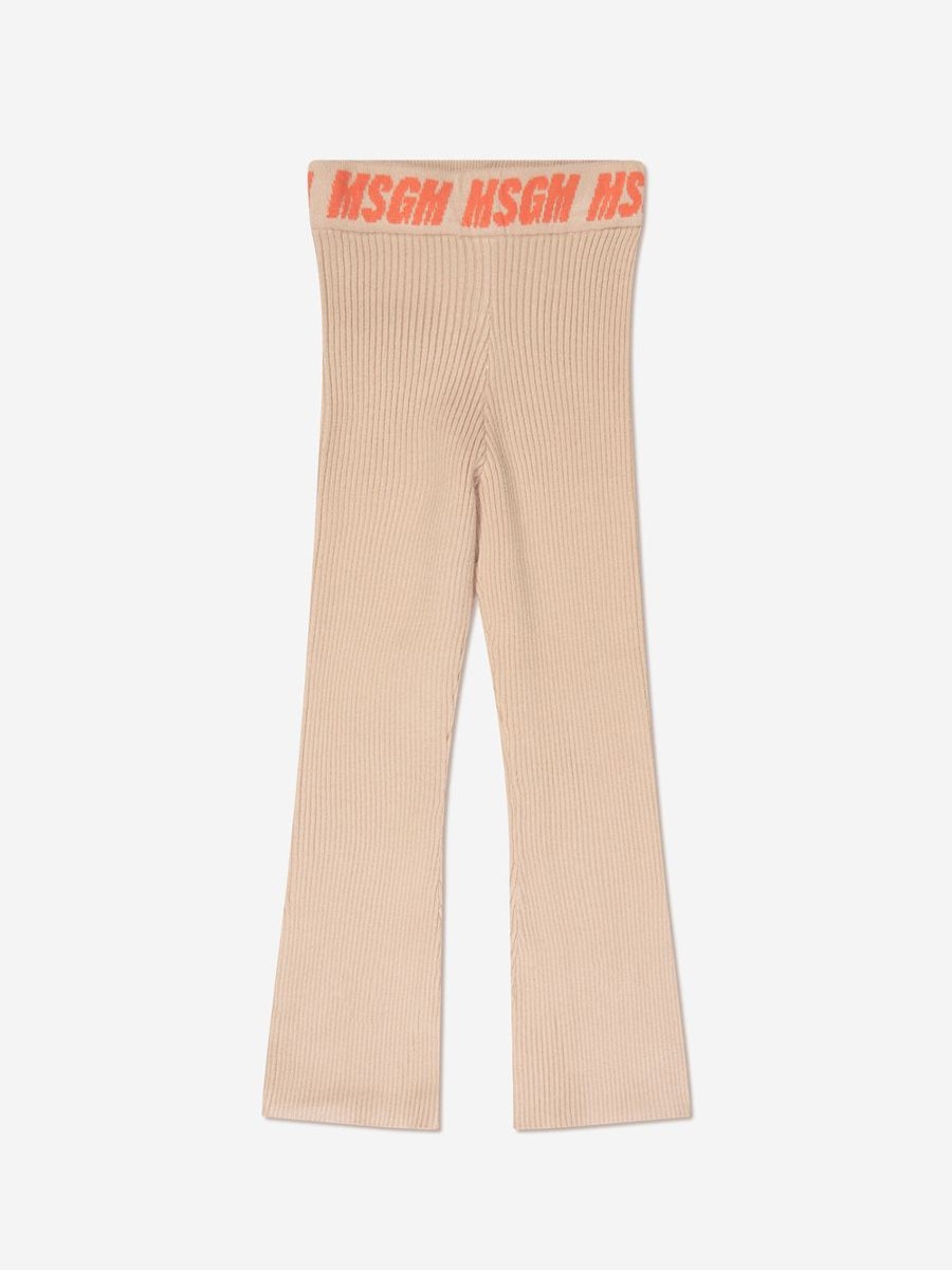 Girls MSGM Trousers | Girls Rib Knitted Flared Pants In Beige