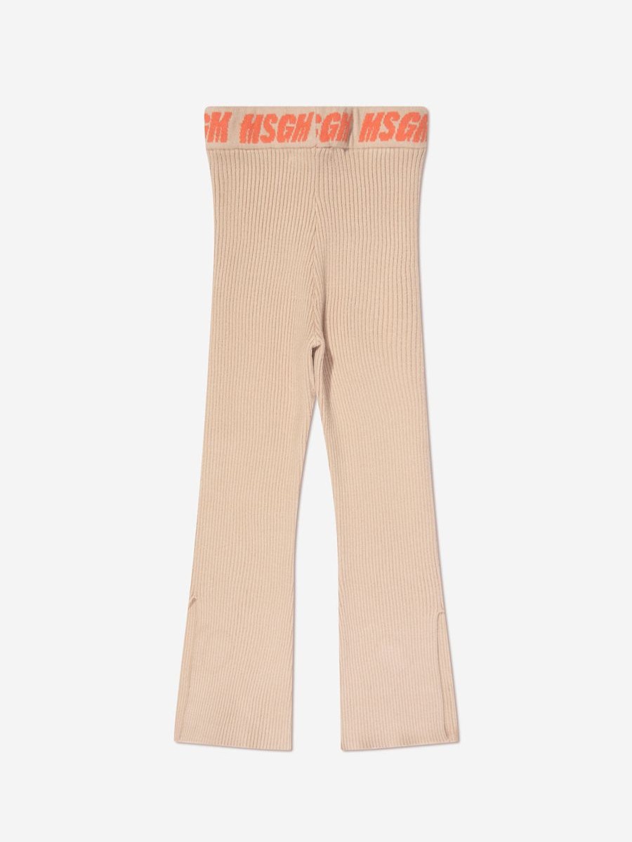 Girls MSGM Trousers | Girls Rib Knitted Flared Pants In Beige