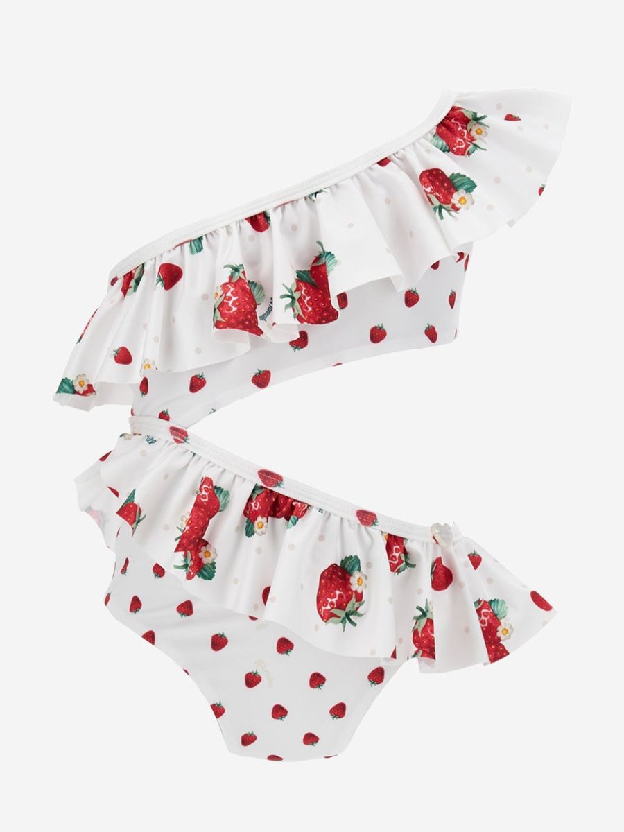 Girls Monnalisa Swimwear | Girls Polka Dot Strawberries Bikini In White