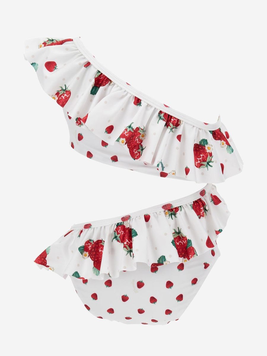 Girls Monnalisa Swimwear | Girls Polka Dot Strawberries Bikini In White