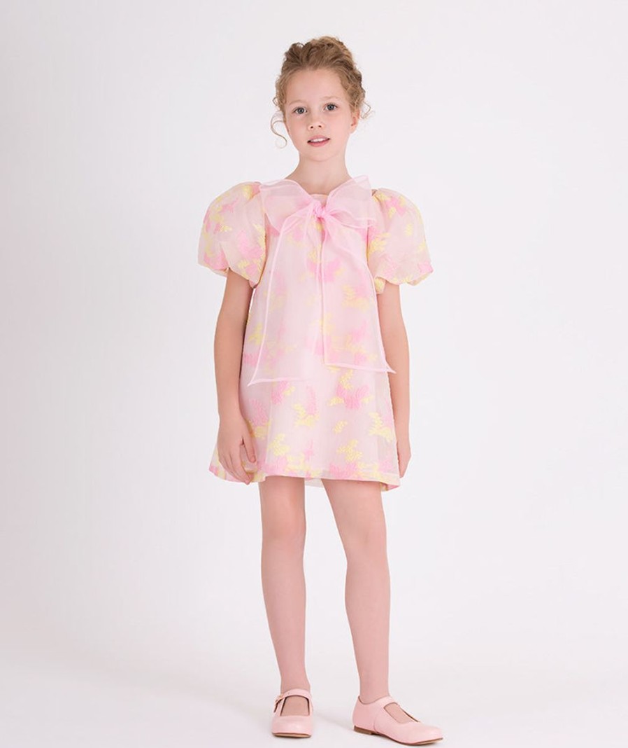 Teen Mama Luma Dresses | Girls Balloon Sleeve Jacquard Organza Dress In Pink