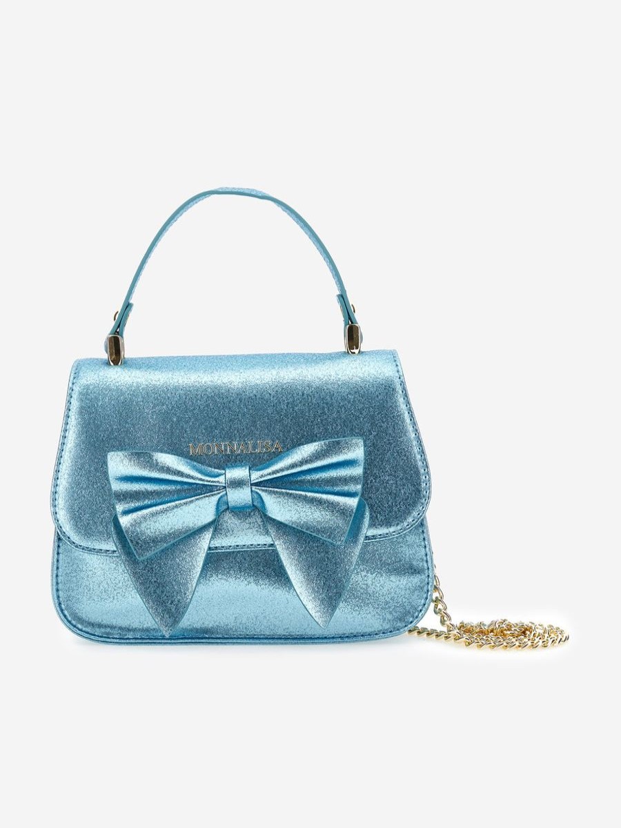 Girls Monnalisa Bags & Backpacks | Girls Glitter Bow Handbag In Blue (21Cm)