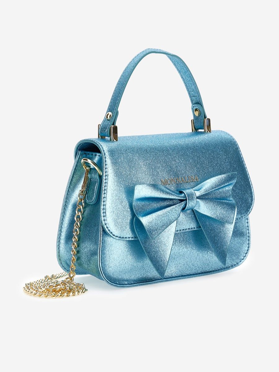 Girls Monnalisa Bags & Backpacks | Girls Glitter Bow Handbag In Blue (21Cm)