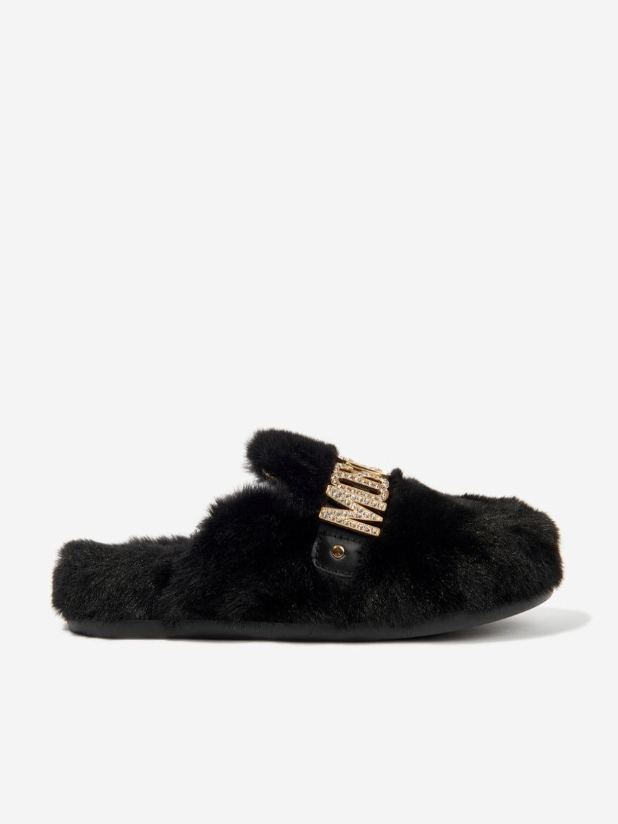 Girls Moschino Kids Nightwear & Pyjamas | Girls Faux Fur Logo Slippers In Black