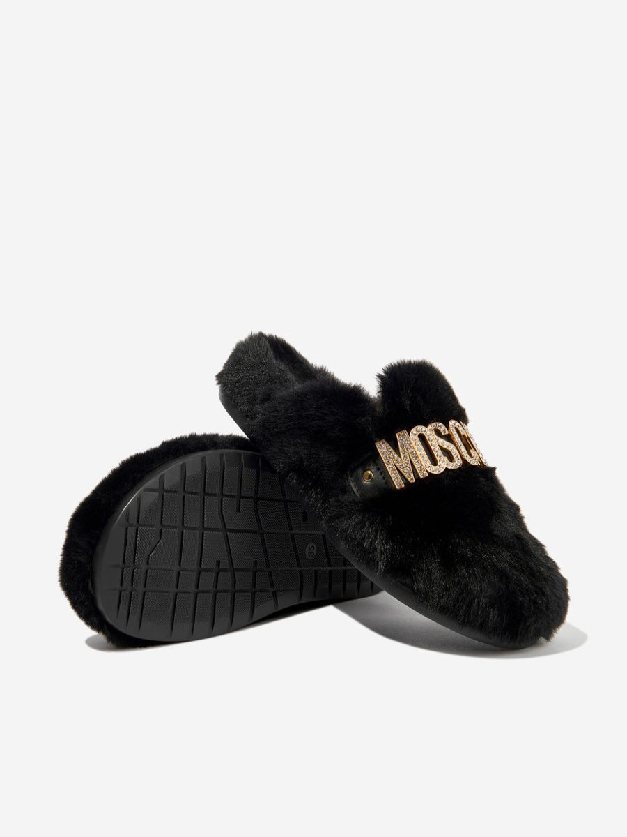 Girls Moschino Kids Nightwear & Pyjamas | Girls Faux Fur Logo Slippers In Black