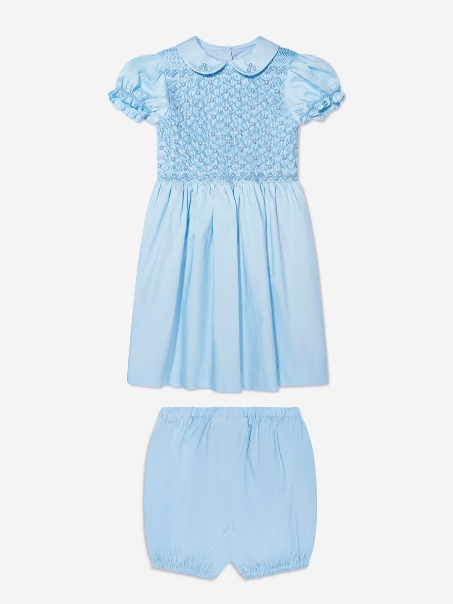 Baby Rachel Riley Dresses | Baby Girls Rose Smocked Dress And Bloomers In Blue