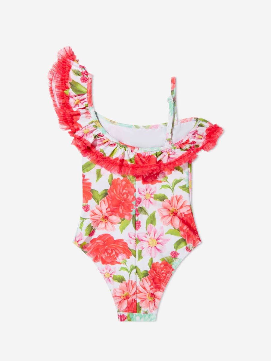 Baby Selini Action Swimwear | Girls One Shoulder Floral Swimsuit In White