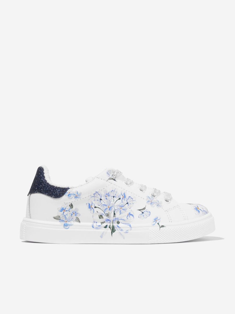 Girls Monnalisa Sneakers | Girls Floral Leather Trainers In White