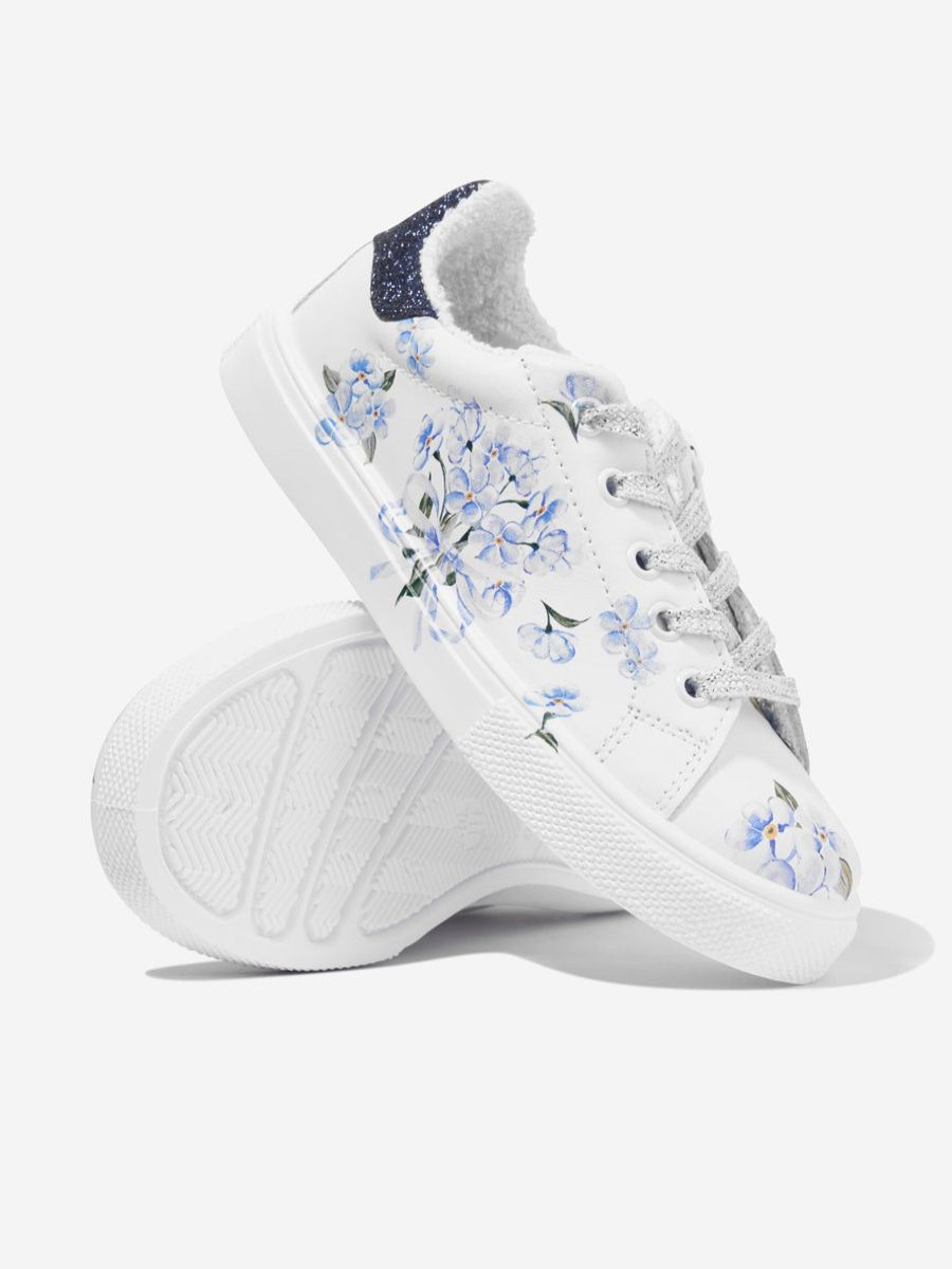 Girls Monnalisa Sneakers | Girls Floral Leather Trainers In White