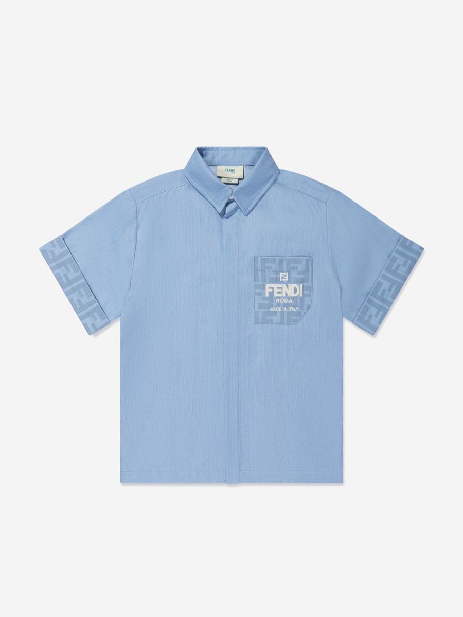 Teen Fendi Kids Shirts | Boys Chambray Ff Logo Shirt In Blue