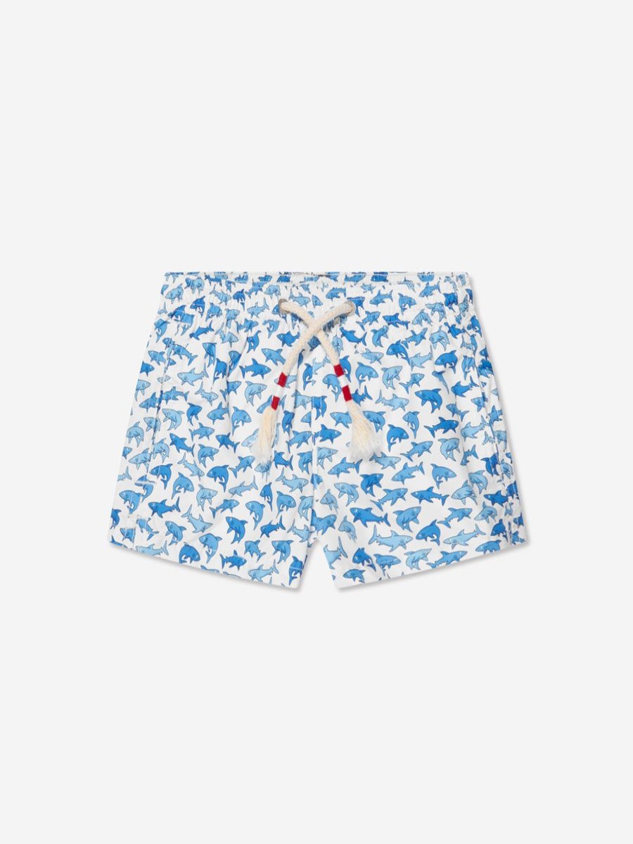 Teen MC2 Saint Barth Swimwear | Boys Shark Trouble Swim Shorts In White